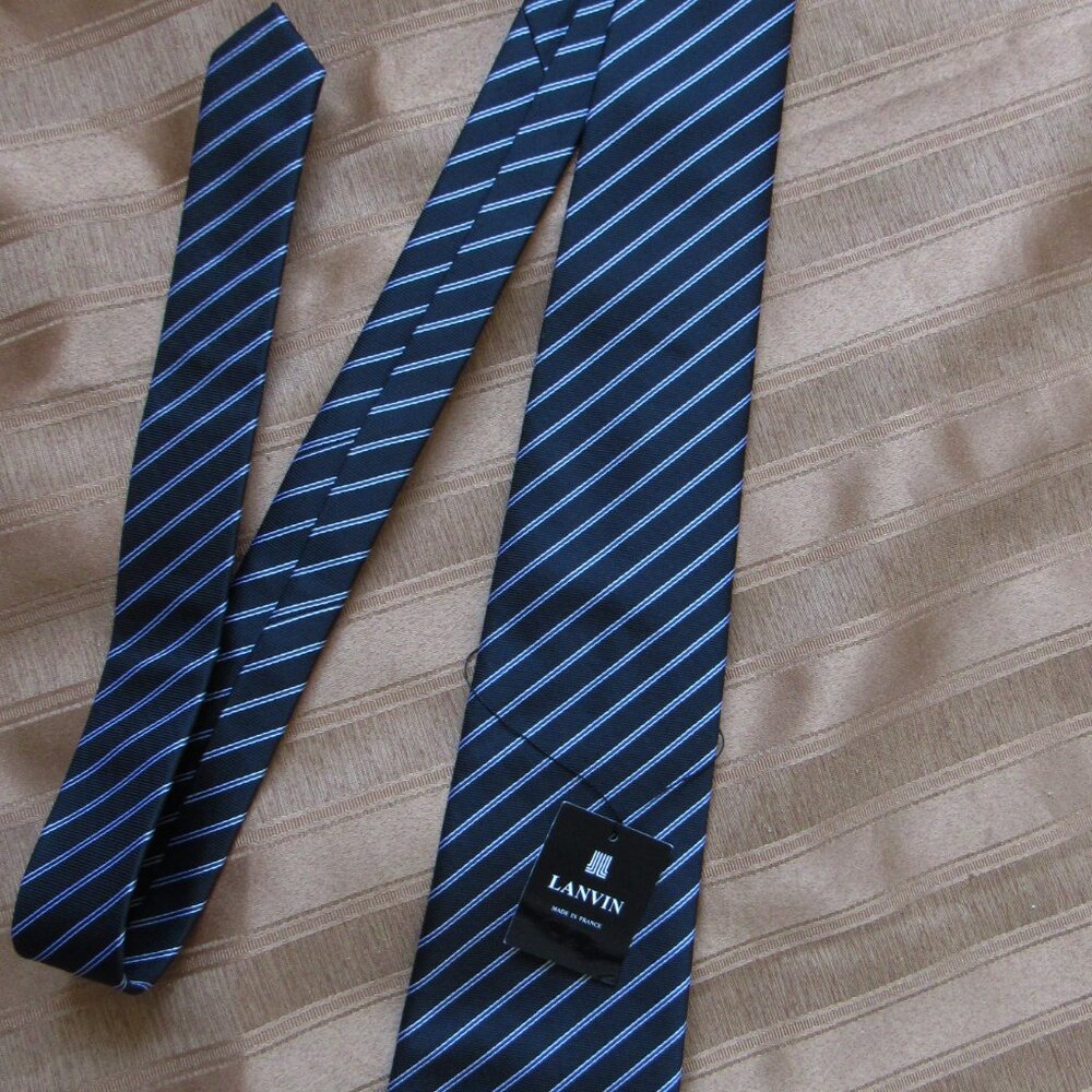 Lanvin Silk Tie, made in France, Blue white, hand made - Picture 4 of 4